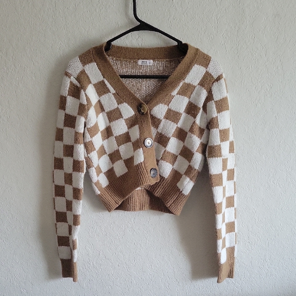 Ardene Brown and White Checkered Cardigan